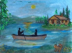 Original Landscape Painting SUNSET ON LAKE Boat Man Woman Cabin Peaceful Scene