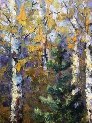Oil Painting Birch Grove B. Serdyuk Unframed Original Home Decor Art nAAA3191