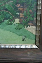 ART NOUVEAU CHURCH IN FRANCONIA ? PAINTING CIRCA 1915 MONOGRAM P.R ANTIQUE FRAME