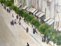 ::OIL PAINTING CITY WITH CHURCH AND THEATRE -WHO KNOWS THE PLACE? INREADABLE SIGN.