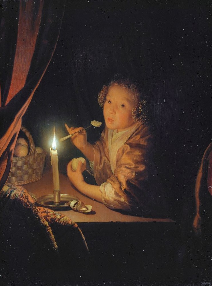 oil painting „Girl about to take a bite of a piece of apple at candlelight“10251