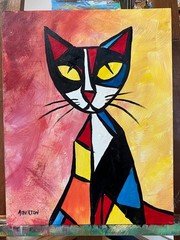 11×14 Original Colorful Geometric Cat Painting on Canvas Modern Folk Art by Jim