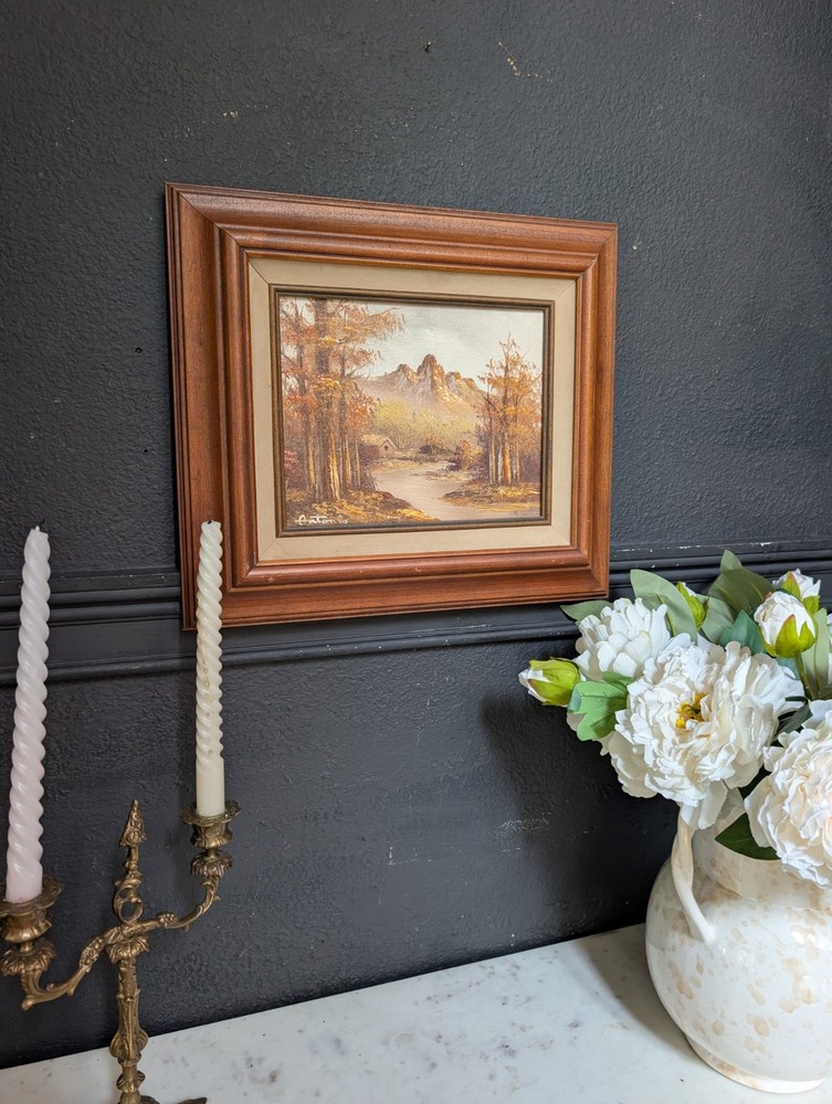 Vtg Landscape Oil Painting Artist Signed Autumn Forest River Chunky Wood Frame