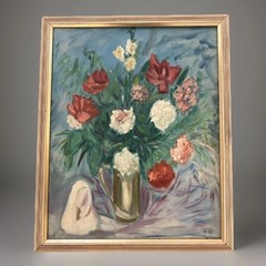 1960s Still Life Flowers Oil Painting Original Floral Vase Madonna MCM 22” X 18”