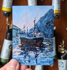 ACEO Print, Fishing Trawler Boat Mountain Ocean Harbor Sunrise, 3″ x 5″