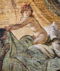 Antique Painting Oil Canvas Woman Frame Wood Nude Libertine Decor Art Rare Old