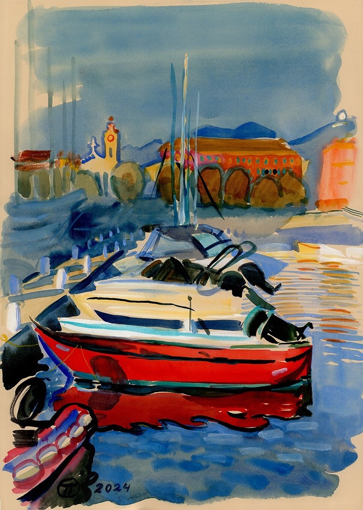Red Boat at Port Lympia Nice ORIGINAL watercolour painting contemporary realism