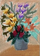 Original ACEO Abstract Impressionism Mini Floral Plant Painting Oil Pastel