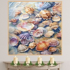 Watercolor Painting of Colorful Assorted Seashells on the Shore with Ocean Foam