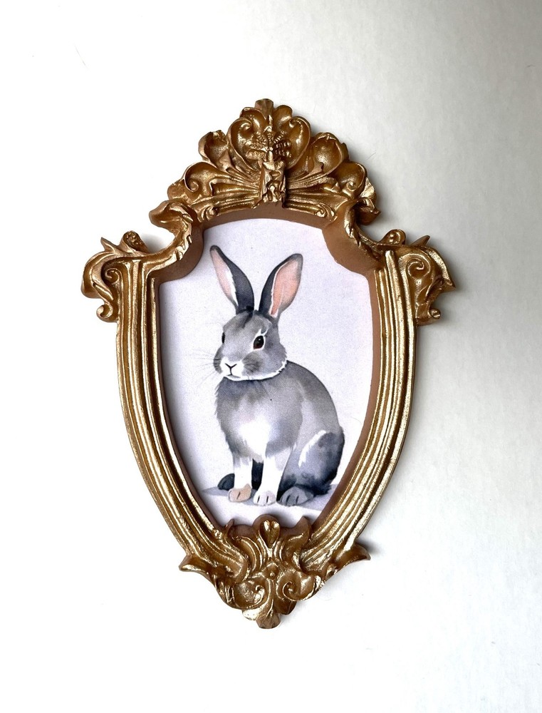 Gray Bunny Rabbit Framed Miniature Mini ART PRINT Gold Ornate Frame NOT ACEO