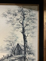 Melton Signed Oil Painting Canvas Country Cottage Forest Lake Water Cabin 20×16