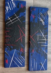 abstract painting, abstract art, red, blue, black, white, scrap wood, acrylic