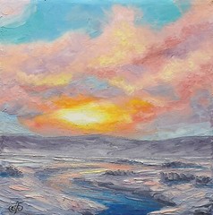 Original Oil Painting Winter Sunset Landscape Palette Knife Impressionist Art