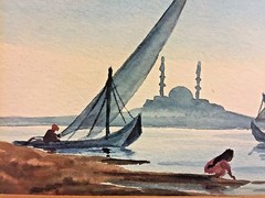 Watercolor of Famous Egyptian Mosque on Nile River Initialed HM Frame d & Matted