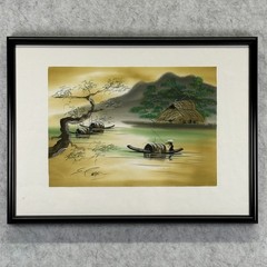 Vintage Vietnamese Silk Paintings Pair Framed River Village Boat Scenes Signed