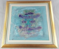 Nagatani Original Abstract Painting Gold Frame Textured Art Aqua Purple Signed