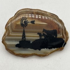 Agate Slice With Windmill & Cows Silhouette 3” x 2” Vintage Chip
