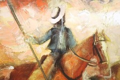 Oil painting bulls horses riders sig. 41x51cm Excellent!