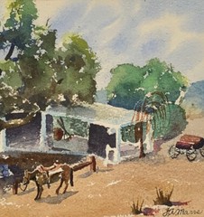 Original Painting Watercolor Western Landscape Ranch Homestead Cowboy and Horse