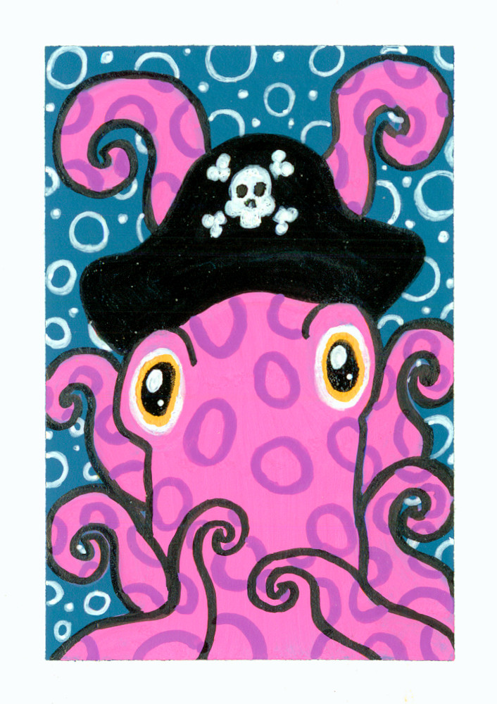 ACEO Original Octopus Pirate Ocean Sea Miniature Painting Animal OneCraftyLady