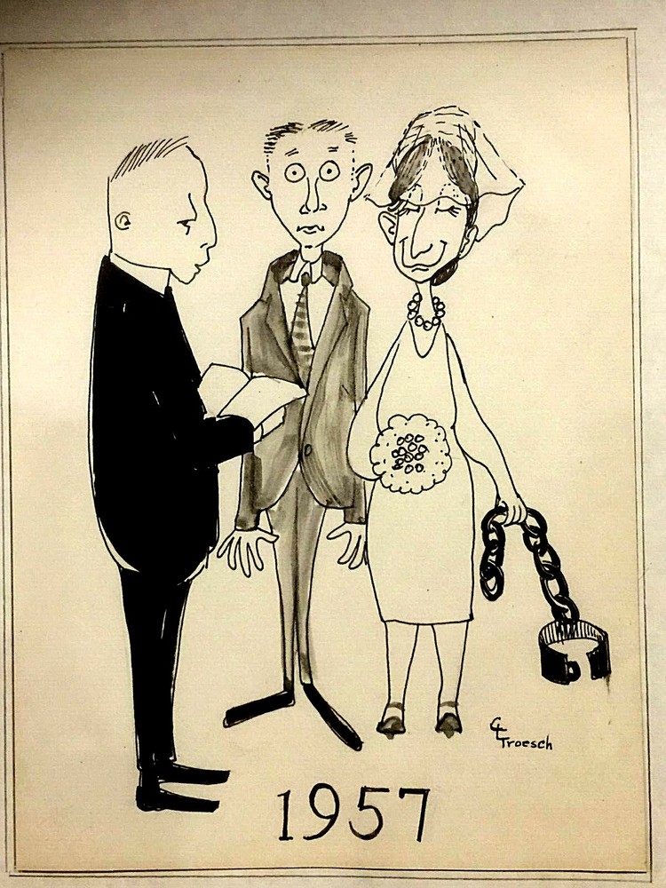 ORIGINAL 1957-61-62 INK PAPE 3 COMIKS CARICATURES DRAWNGS BY C.L.TROESCH SIGNED