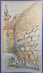 „Rabbis at Wailing Wall Jerusalem“ Mixed Media Watercolor Signed by Artist