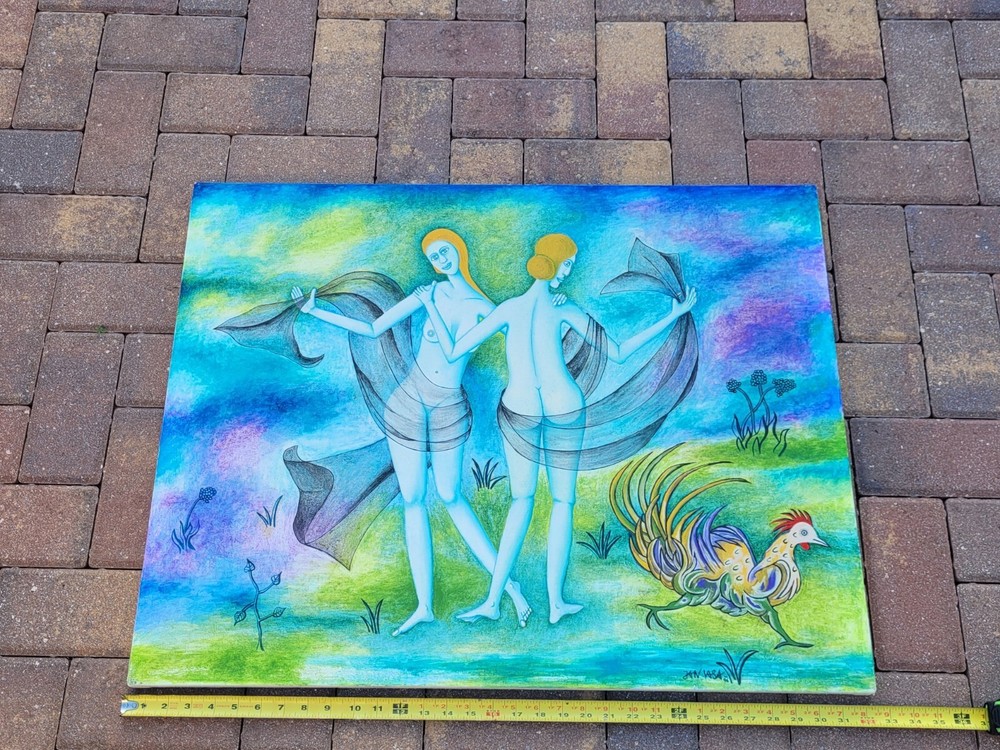 Original Painting Oil On Canvas By Jan Vasa 1996 „Nude Twins“ OOAK 25×32