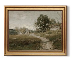 Vintage Landscape Canvas Art Gold Framed Country Road Prints Moody Decor 12×16