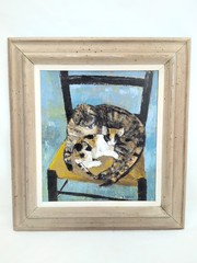 VTG Cat Painting Signed Leslie Randall Oil On Board Mid Century CT Artist 25×24