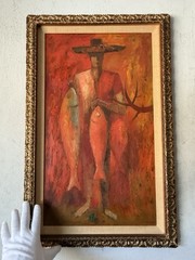 ANTHONY RIZZO VINTAGE MODERN ABSTRACT CUBIST CUBISM OIL PAINTING RED FISHERMAN