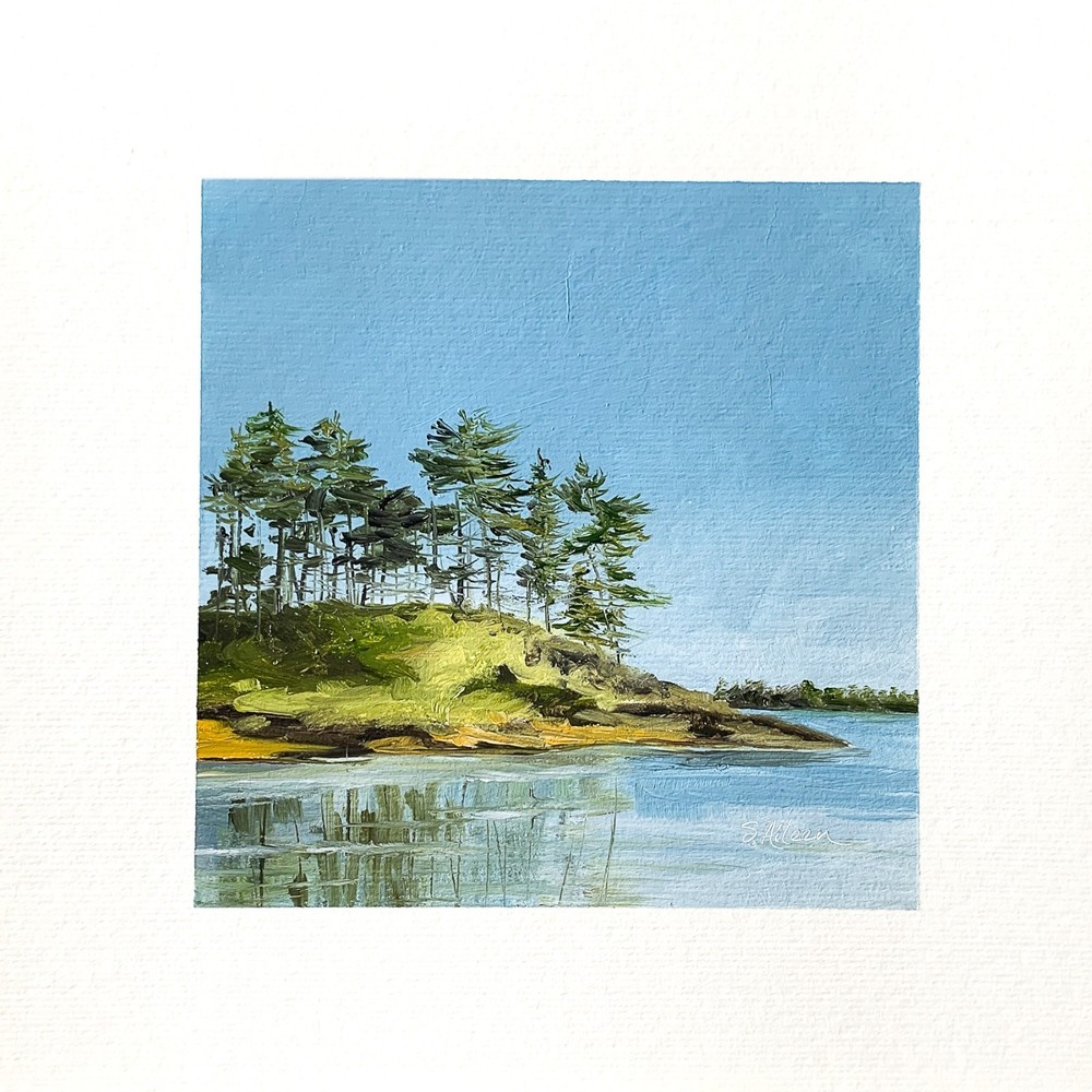 8×8 Maine Original Oil Painting Landscape Coastal Seascape Pines Rock Art Signed