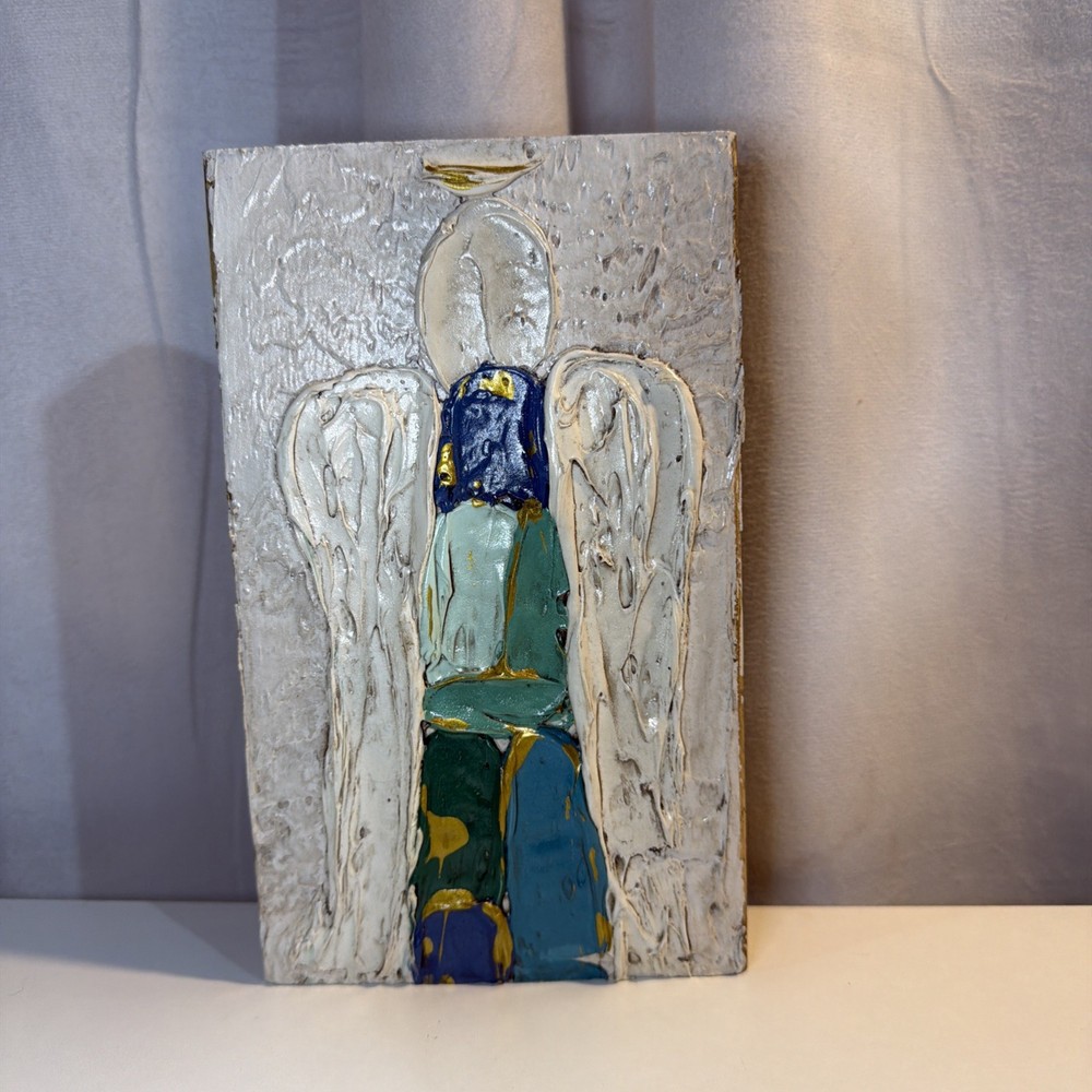 Susan Hood Textured Angel On Wood Art 5.5” x 9” Blues And Greens With Gold