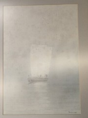 Original Watercolor Painting of Boat in Fog Signed by Yamashita, Framed in Tokyo