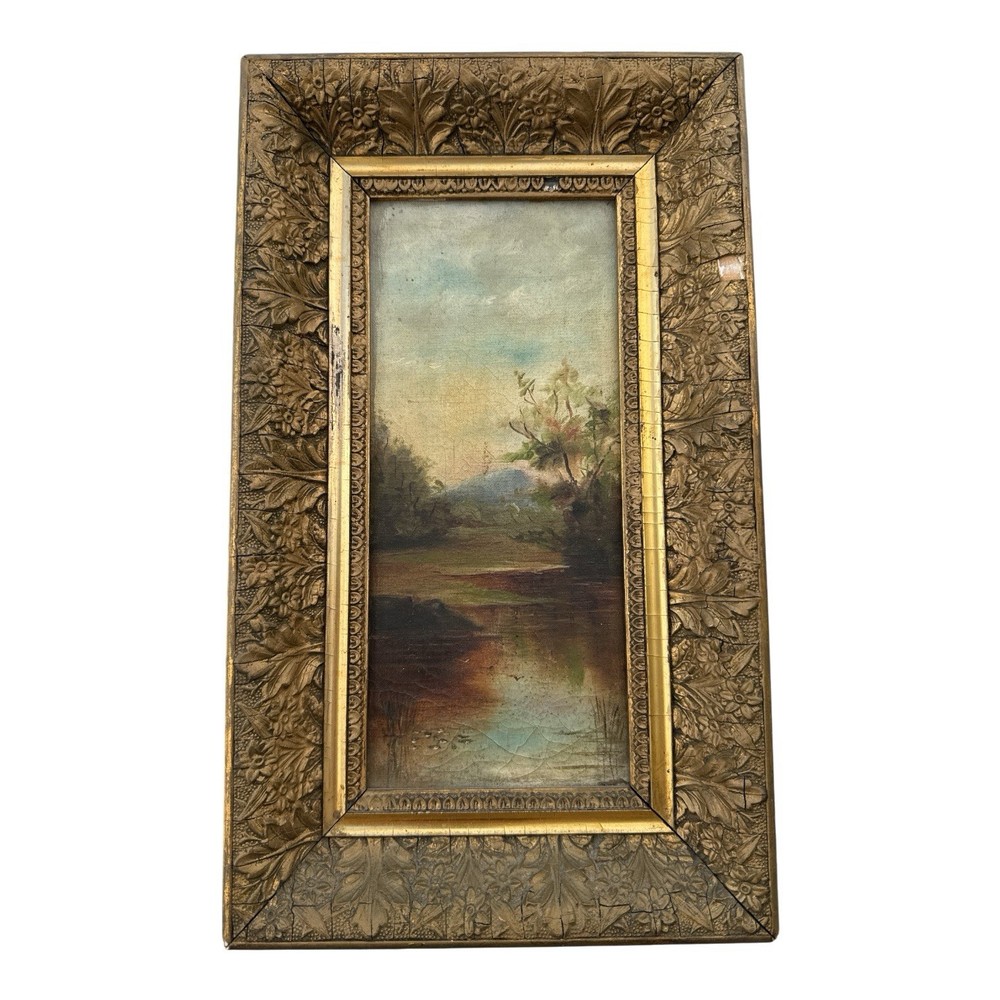 Antique 19th C. Hudson River School Style Landscape Oil On Canvas Painting Ducks