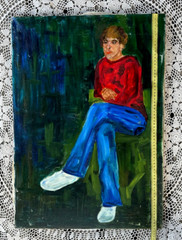 Handmade oil painting boy Ukrainian vintage 1960s Length 27inch Width19