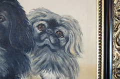 VTG 60S FRAMED ORIGINAL OIL PAINTING OF BLACK AND GRAY PEKINGESE DOGS ARTIST: ME