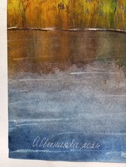 paintingOriginal autumn watercolor landscape with river, reflection, trees, birc