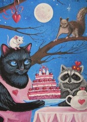 5×7 PRINT OF PAINTING RYTA BLACK CAT VALENTINES DAY RACCOON MOUSE SQUIRREL ART