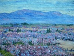 LYDIA WARD, PURPLE LUPINE LANDSCAPE PLEIN AIR IMPRESSIONIST SIGNED VINTAGE OIL