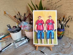 Original Naive Art Twins Boys Portrait Whimsical Men Colorful Painting People