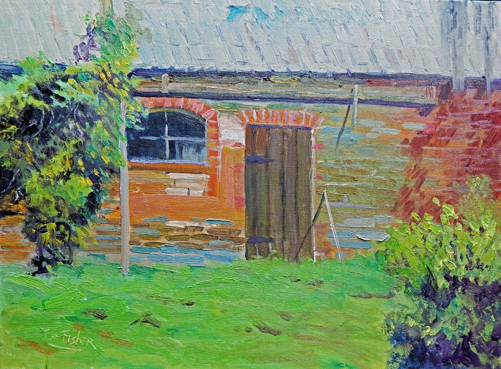 vintage brick barn realistic Impressionism oil Painting landscape Tom Fisher