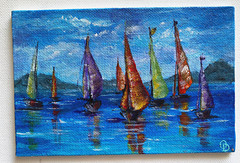 ORIGINAL Painting „SAILBOATS“ SEASCAPE Acrylic 4″x6″ by Olga Diduh.