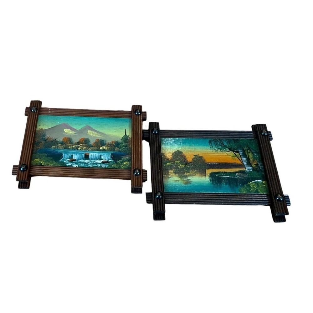 2 Acrylic Landscape Paintings Wood Arts & Crafts Frame Vintage 5.5×3.5” Art