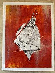 Original surreal acrylic and pen illustration on paper. 9×12 inches