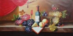 24×48 Wine Glass, Bottle With Fruit of Grapes, Peaches Oil Painting Classic