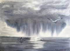LONELY FISHERMAN BOAT BIRD SEAGULL Original Art Painting Landscape CLOUDY SKY A4