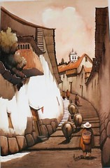 VINTAGE WATERCOLOR ON PAPER SIGNED LUIS MENDEZ SOUTH AMERICAN CITY PERU CUSCO