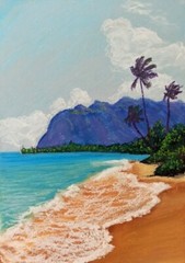 Seascape Painting Tropical Palm Seaside Summer Beach Original Oil Pastel 8х11″