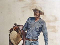 CHARLES LASALLE COWBOY W/ SADDLE WATERCOLORING PAINTING SCOTTSDALE ARIZONA