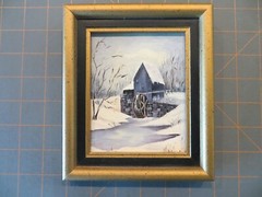 Vintage Framed Waterwheel House Painting – Oil on Wood – 5 1/2 x 6 1/2 inch